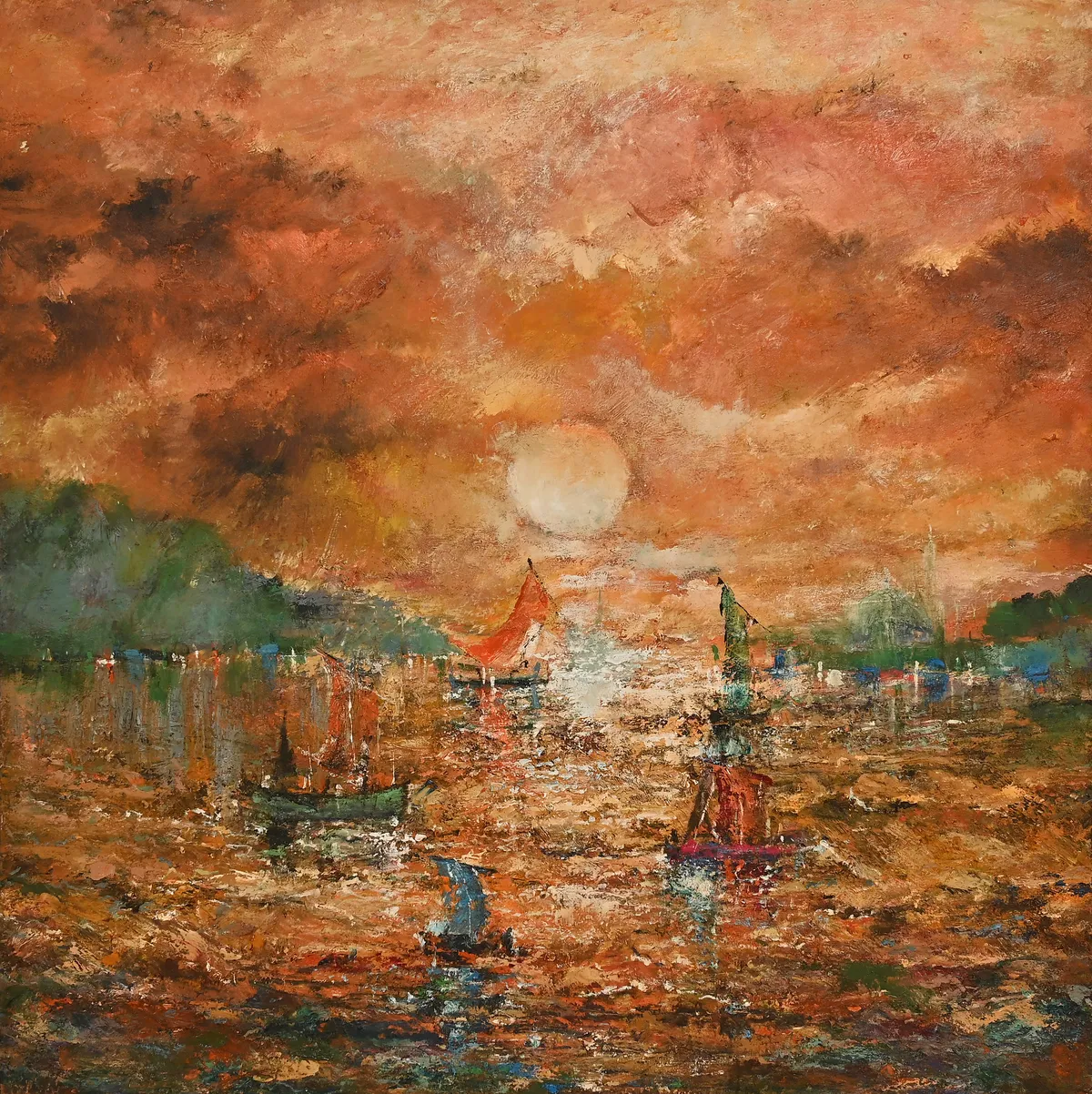 M.A. Bukhari original impressionist landscape oil painting Twilight Voyage showing a golden orange sunset over water.