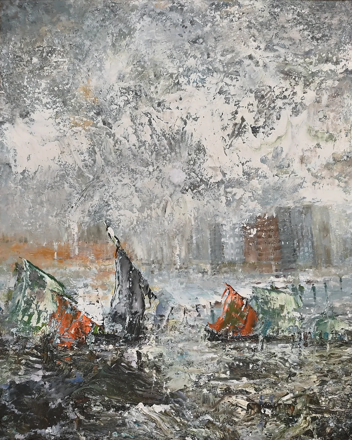 M.A. Bukhari minimalist monochrome landscape oil painting Horizon in Mist featuring ash grey harbor and boats.