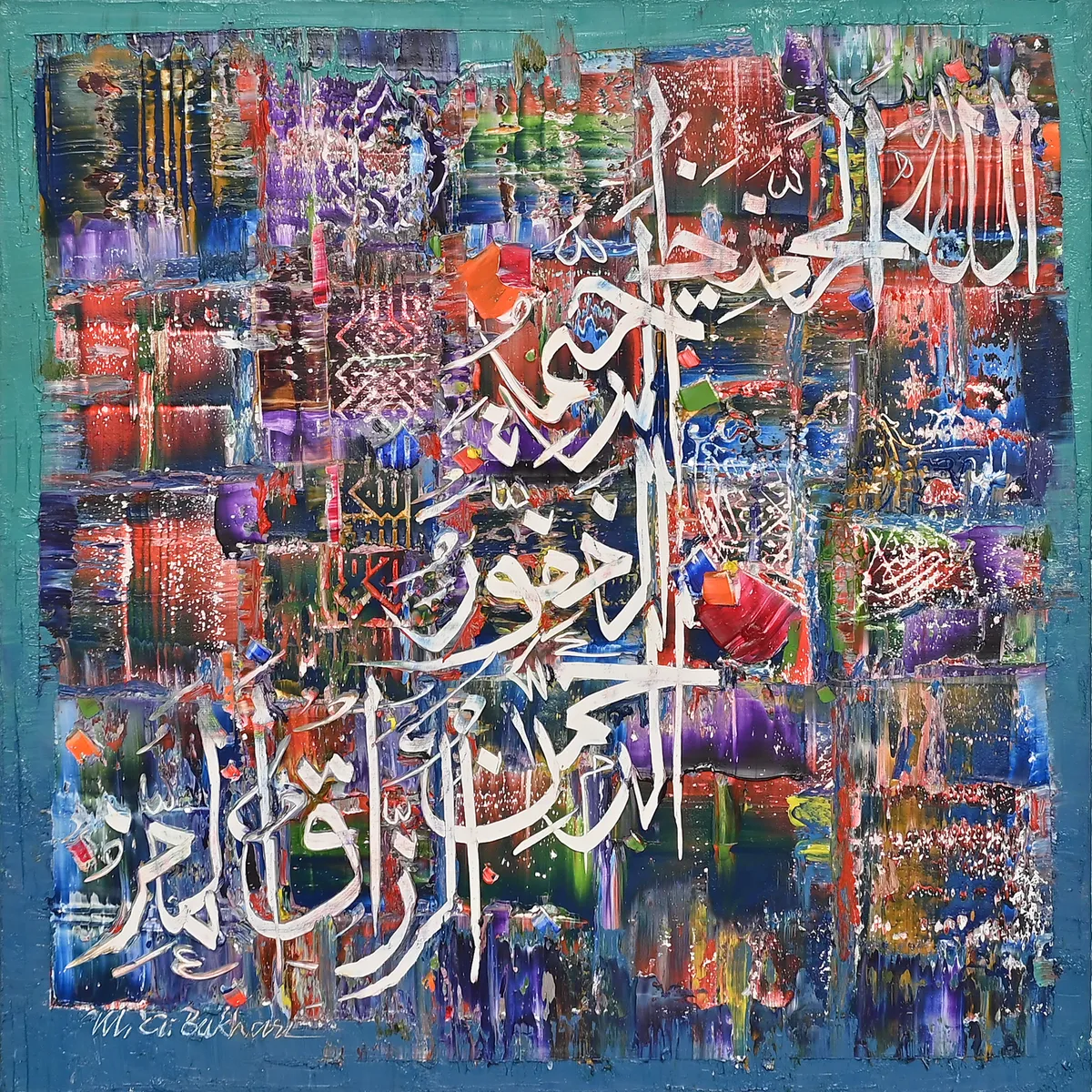 M.A. Bukhari deep blue and violet Arabic script canvas painting Celestial Harmony with bright coral highlights.