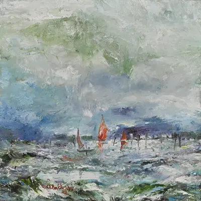 M.A. Bukhari original seascape oil painting Whispers of the Tide showing stormy green sea waves and palette knife textures.
