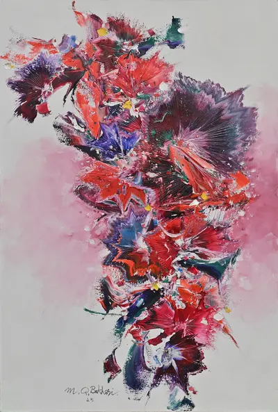 M.A. Bukhari original abstract floral oil canvas painting Crimson Symphony in Bloom with heavy impasto red and purple textures.