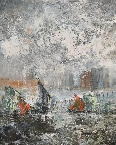 M.A. Bukhari minimalist monochrome landscape oil painting Horizon in Mist featuring ash grey harbor and boats.