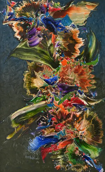 M.A. Bukhari large vertical botanical semi-abstract oil painting Botanical Solace featuring textured sunflowers.
